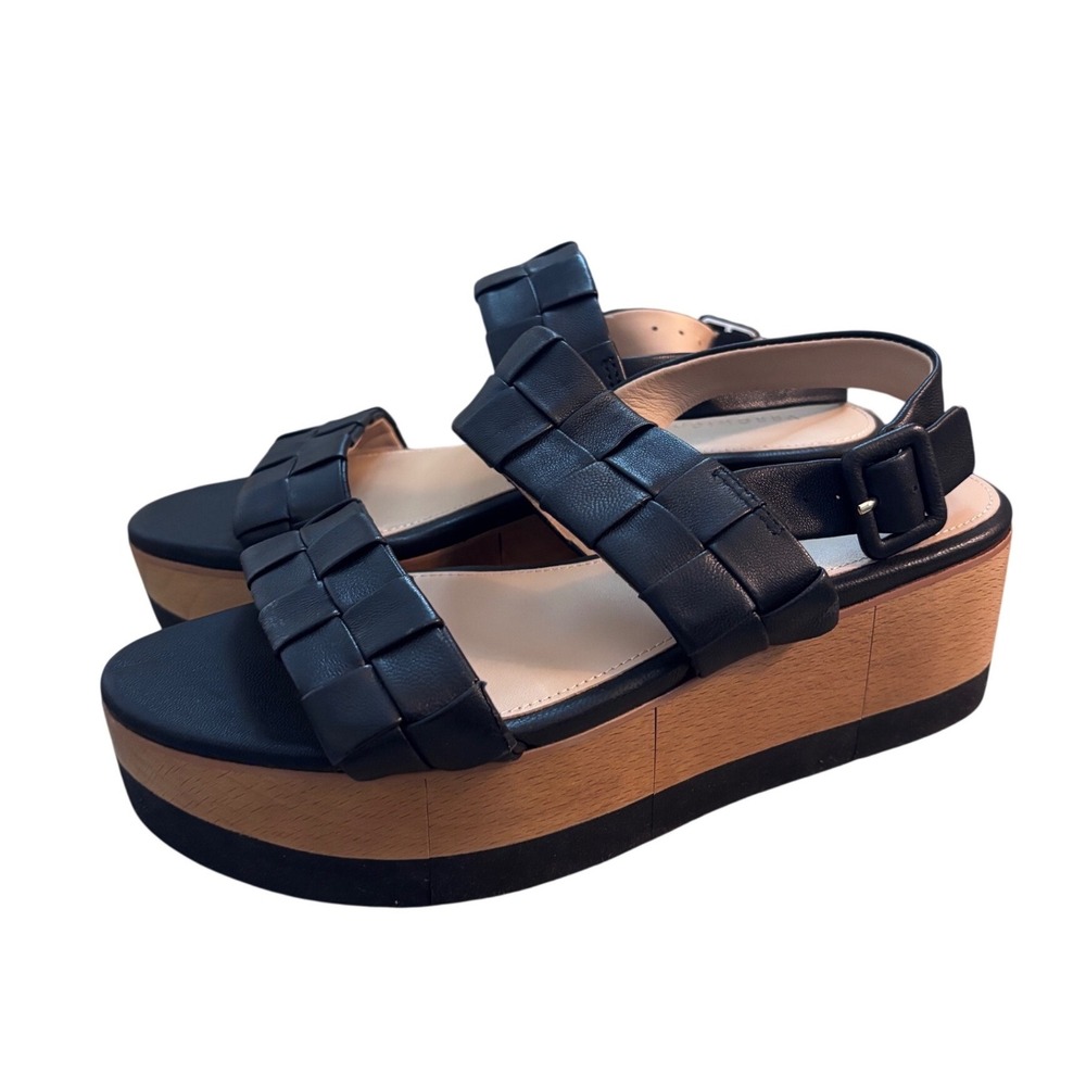 Veronica Beard Black Leather Woven Platform Wedge Sandals Womens 7.5